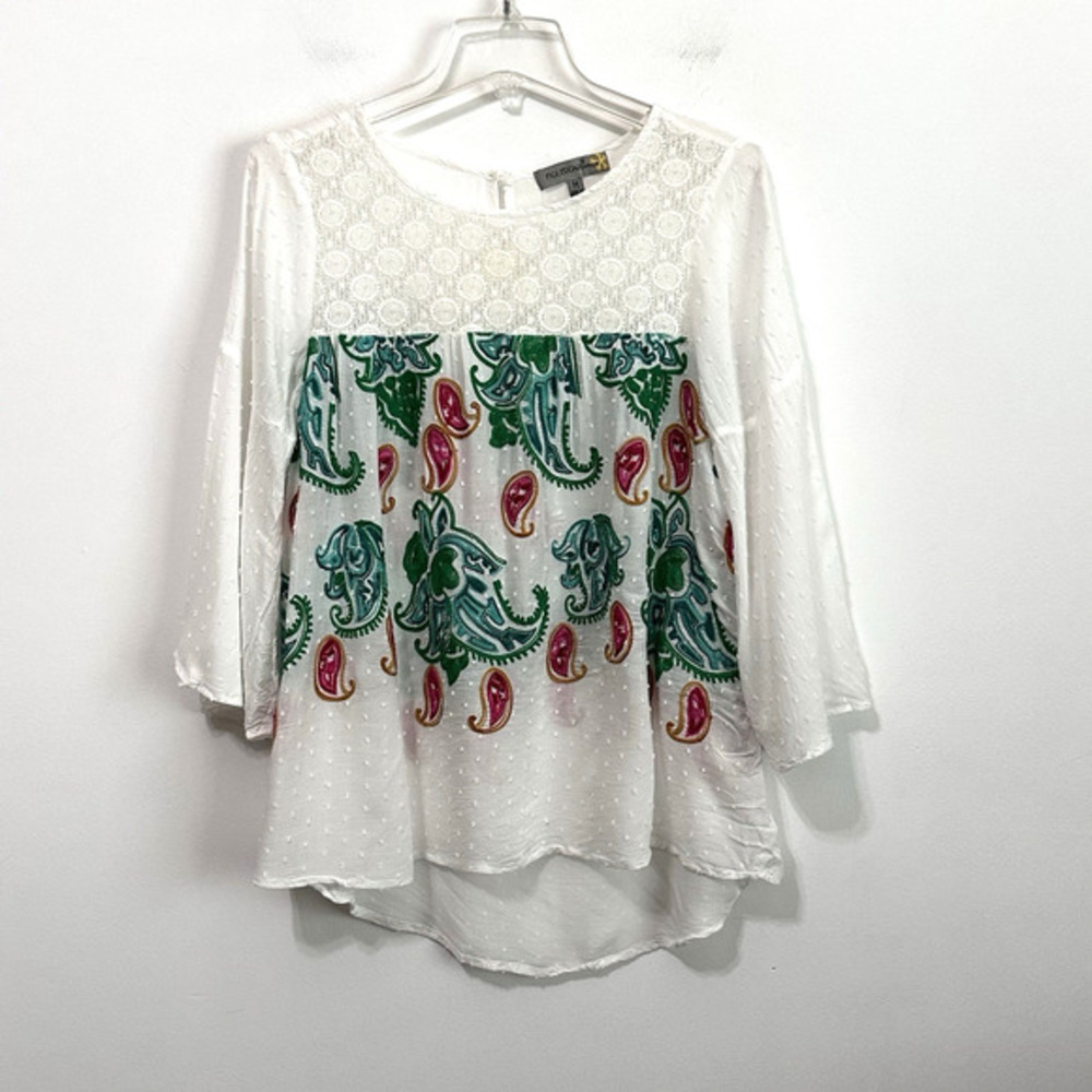 Figueroa‎ & Flower Top Blouse M White Embroidered Lightweight Boho Paisley
